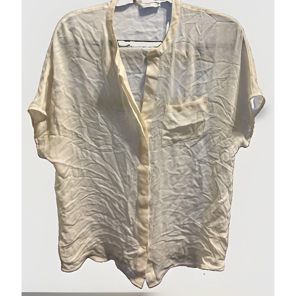 Vince Cream 100% Silk Short Sleeve Blouse Size Large Minimalist Sheer